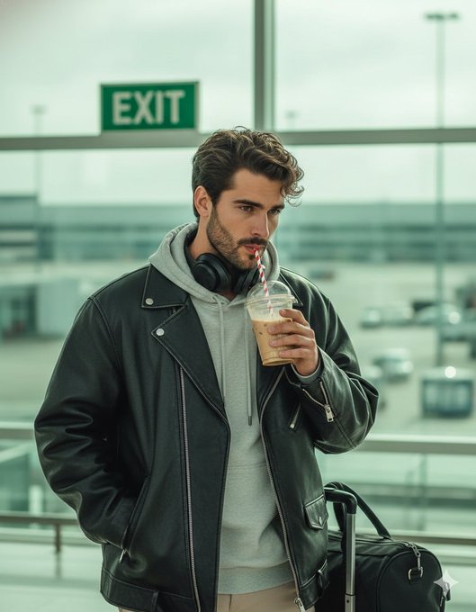 A man in a black leather jacket sipping iced coffee in an airport terminal with a blurred background of parked vehicles and glass windows.