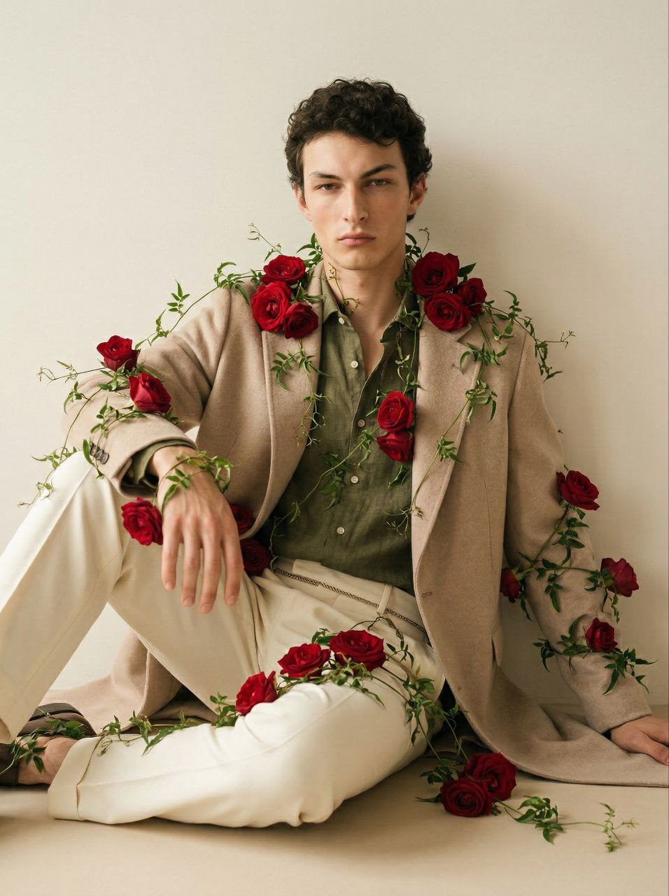 Realistic Man Roses Studio Portrait