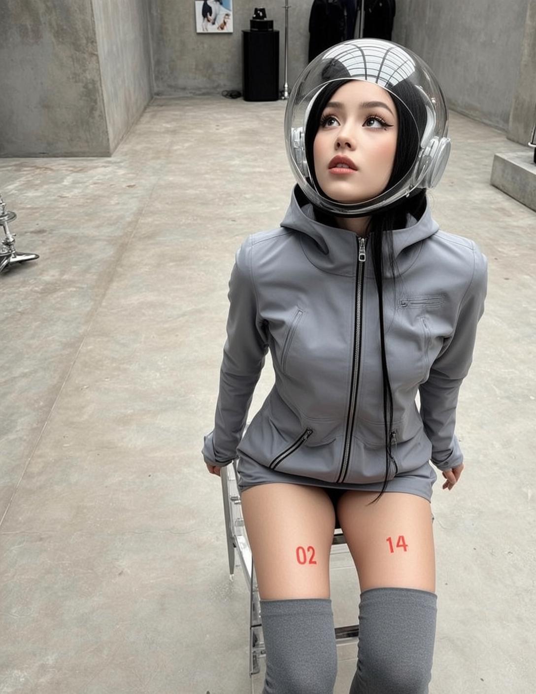 Grey Thigh Socks Grey Zip Up Industrial Room Concrete Floor reference photo