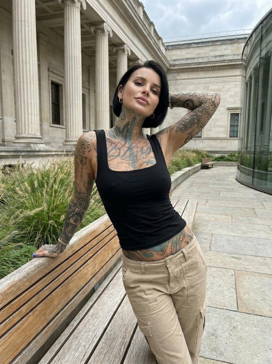 A woman in cargo pants leans against a wooden bench, showcasing her full-body tattoos and wearing a sheer black tank top in front of a classical building.