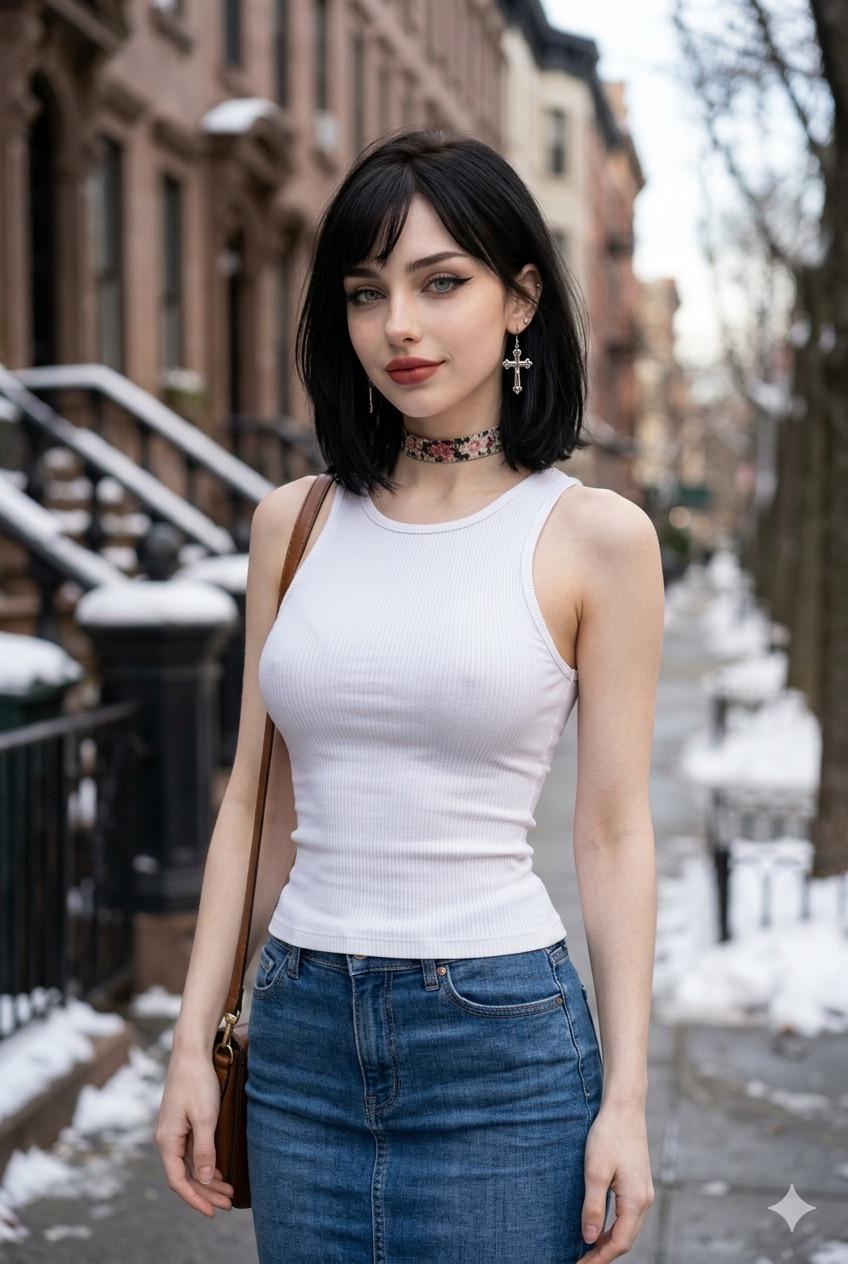 Winter Urban Sidewalk Woman White Tank Floral Choker