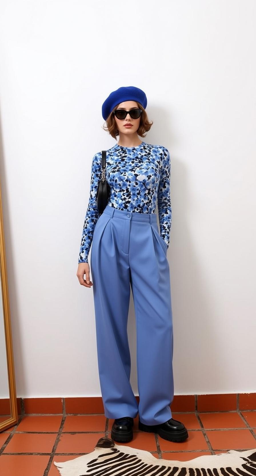 Blue Floral Shirt Black Sunglasses Zebra Rug reference photo
