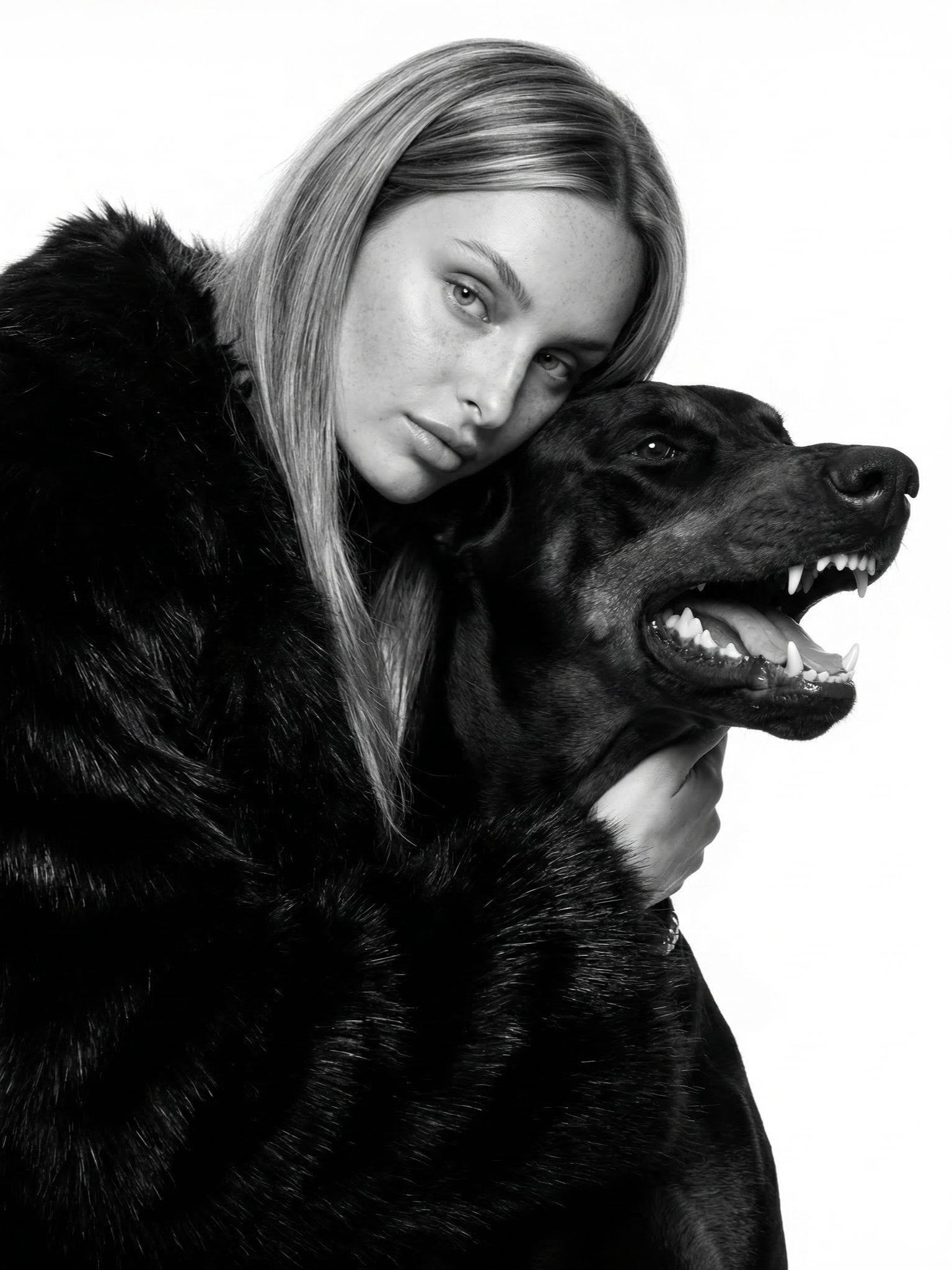A stunning black Doberman snarling against a white backdrop, showcasing its sharp teeth, while a woman in a luxurious black fur coat embraces it.