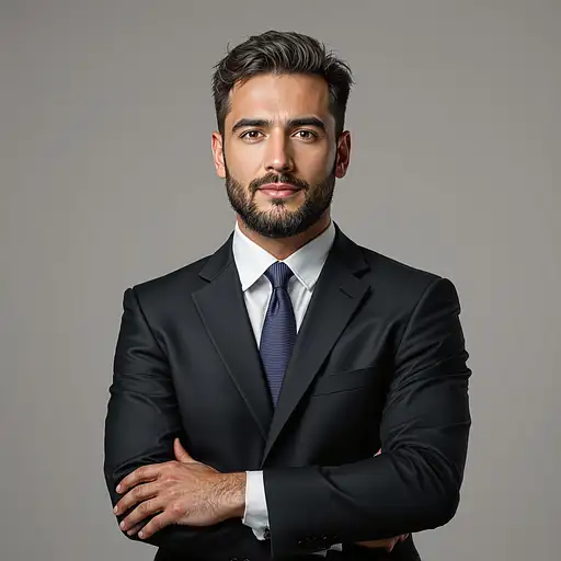 A man in a dark suit, standing confidently against a neutral background, captured in stunning detail.