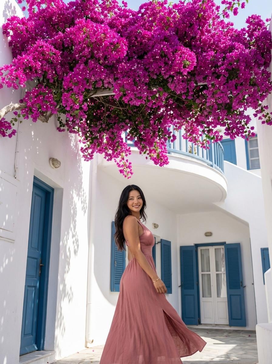 Dusty Rose Maxi Dress Bougainvillea Courtyard Pose