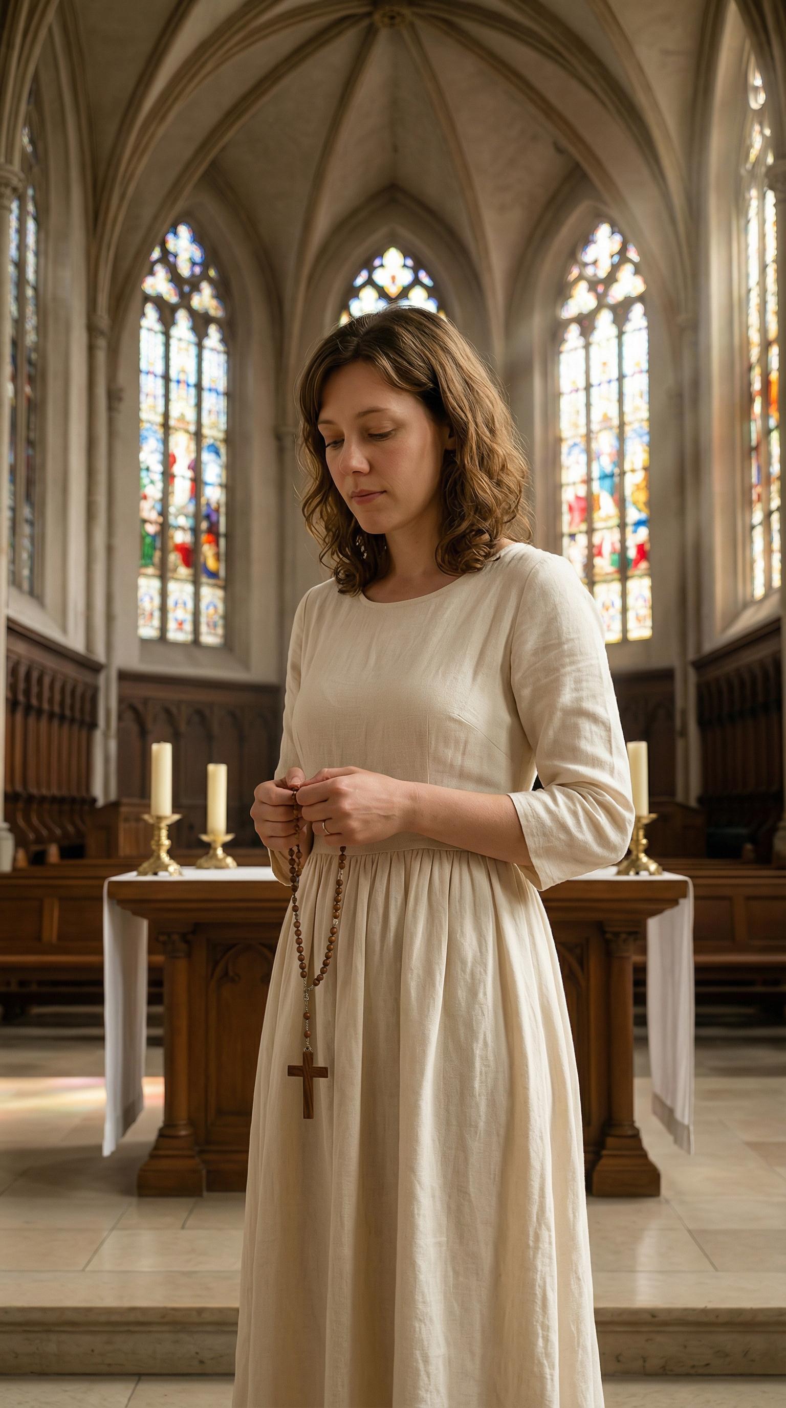 Standing Altar Holding Rosary Peaceful Expression