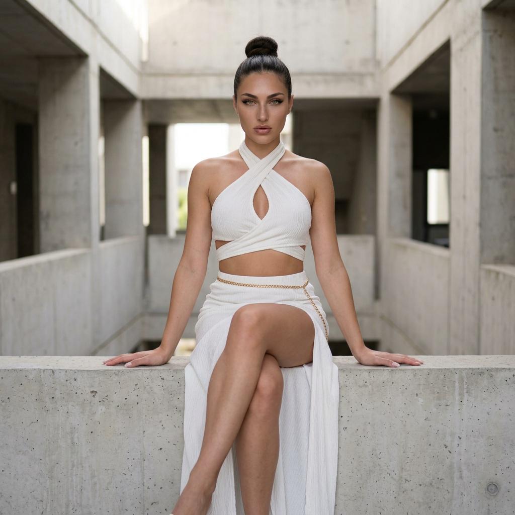 Confident woman seated on a concrete ledge in a white two-piece outfit, showcasing modern brutalist architecture.