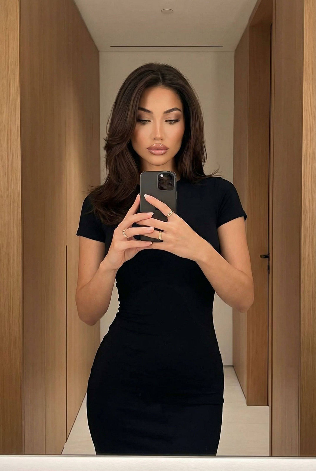 Woman Mirror Selfie Warm Wood Interior