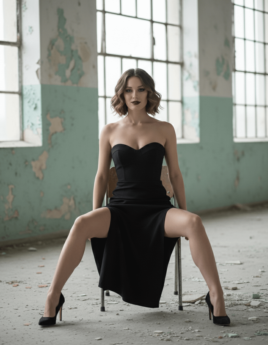 A woman in a black strapless dress seated on a vintage metal chair in a dilapidated industrial space, highlighting her polished look against decay.