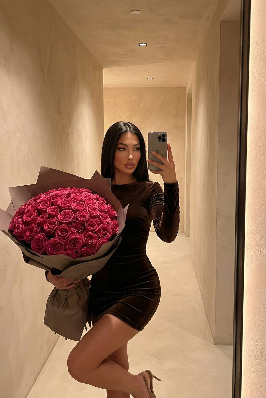 Woman Hallway Rose Bouquet Velvet Dress