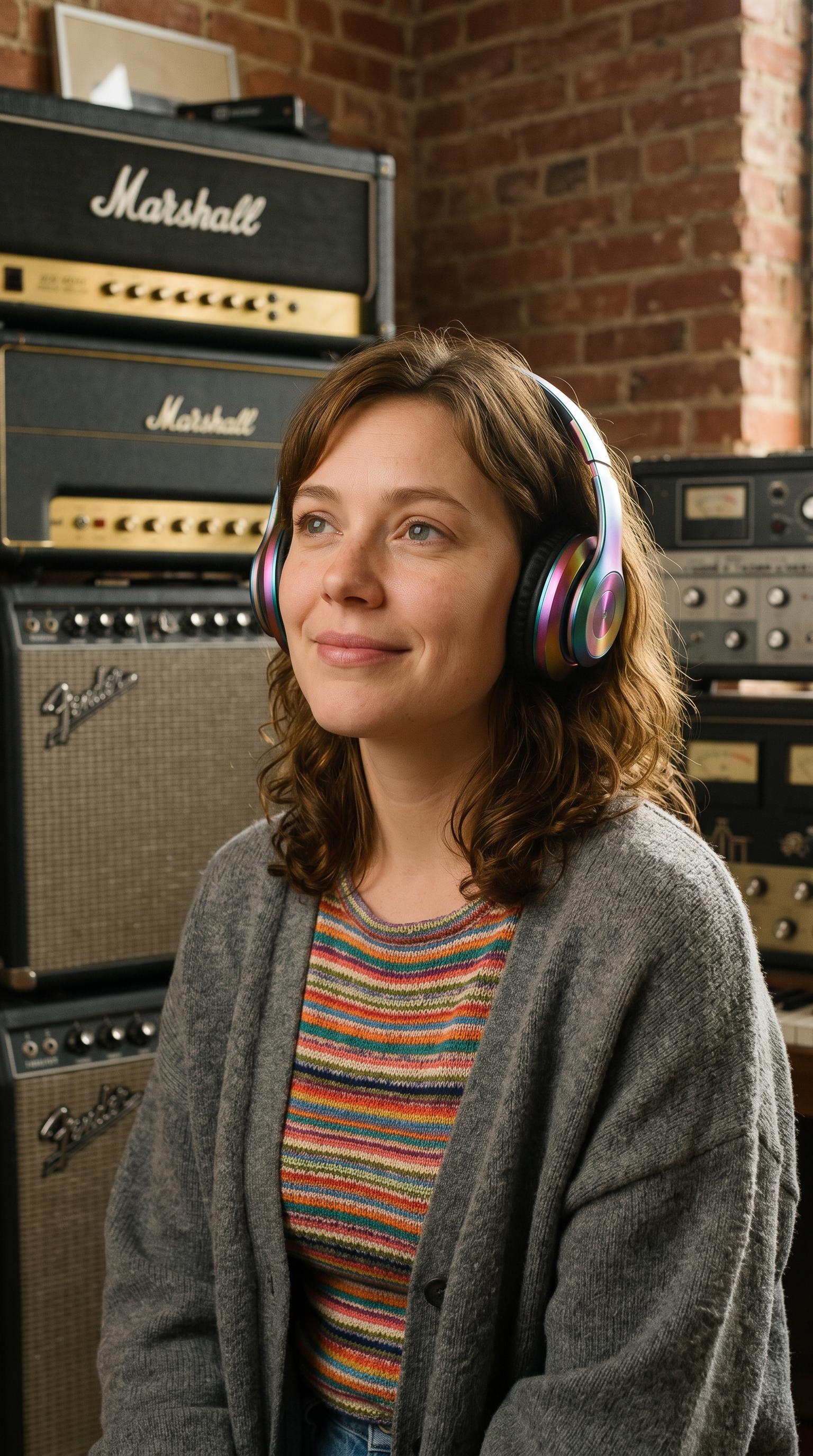A woman in a vintage music studio, surrounded by retro audio equipment, exuding a warm and creative atmosphere.