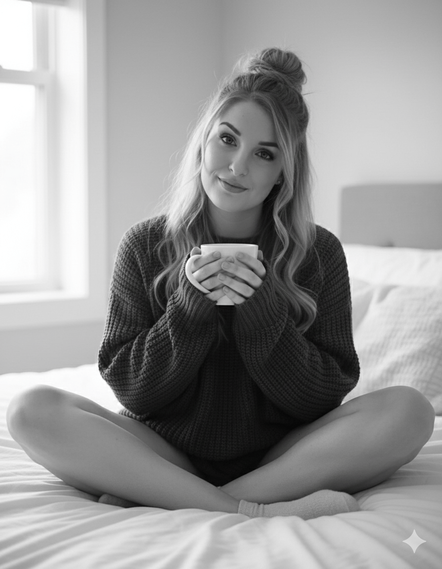 A woman in a cozy black knit sweater holding a mug, looking softly at the camera.