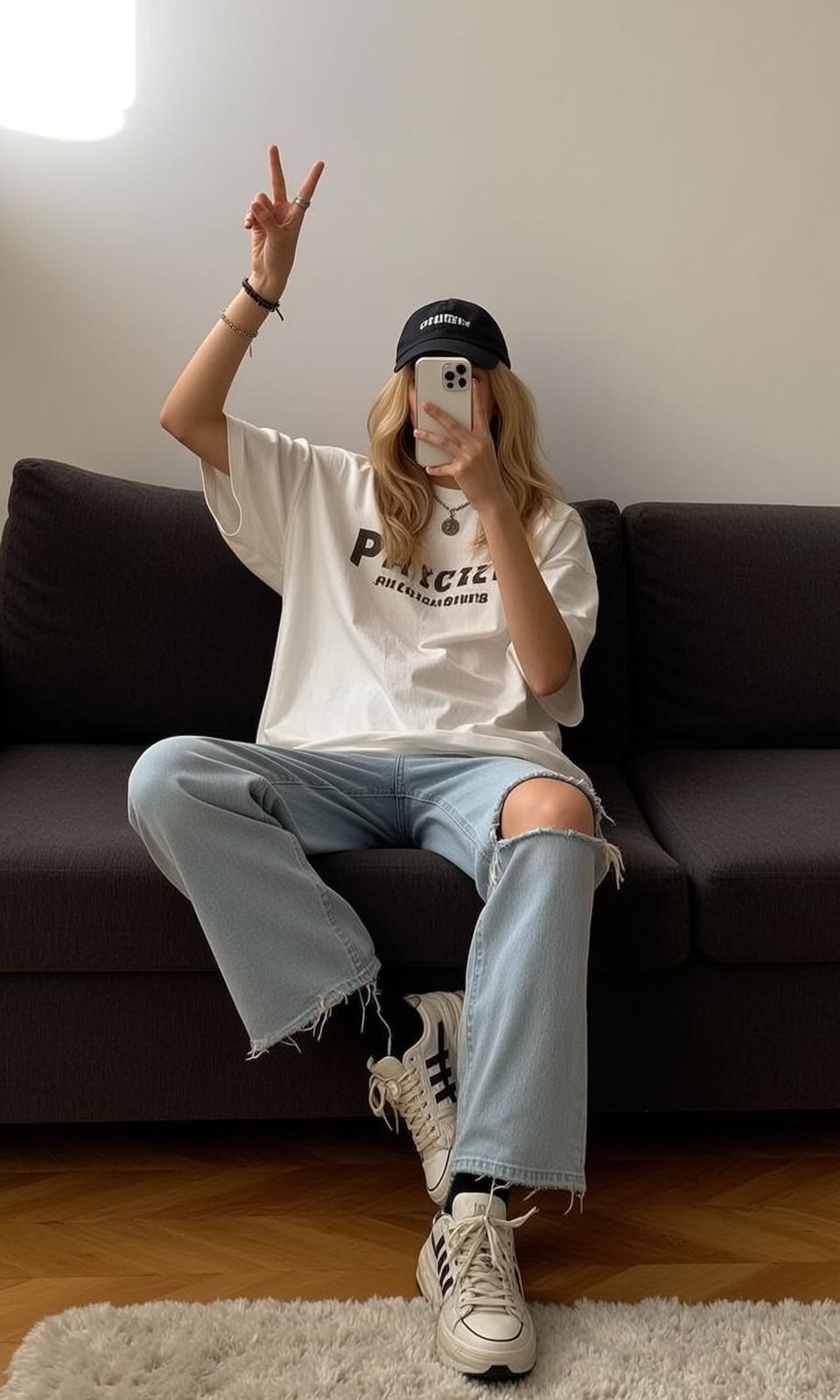 Blonde Woman In Ripped Jeans Takes Selfie On Couch