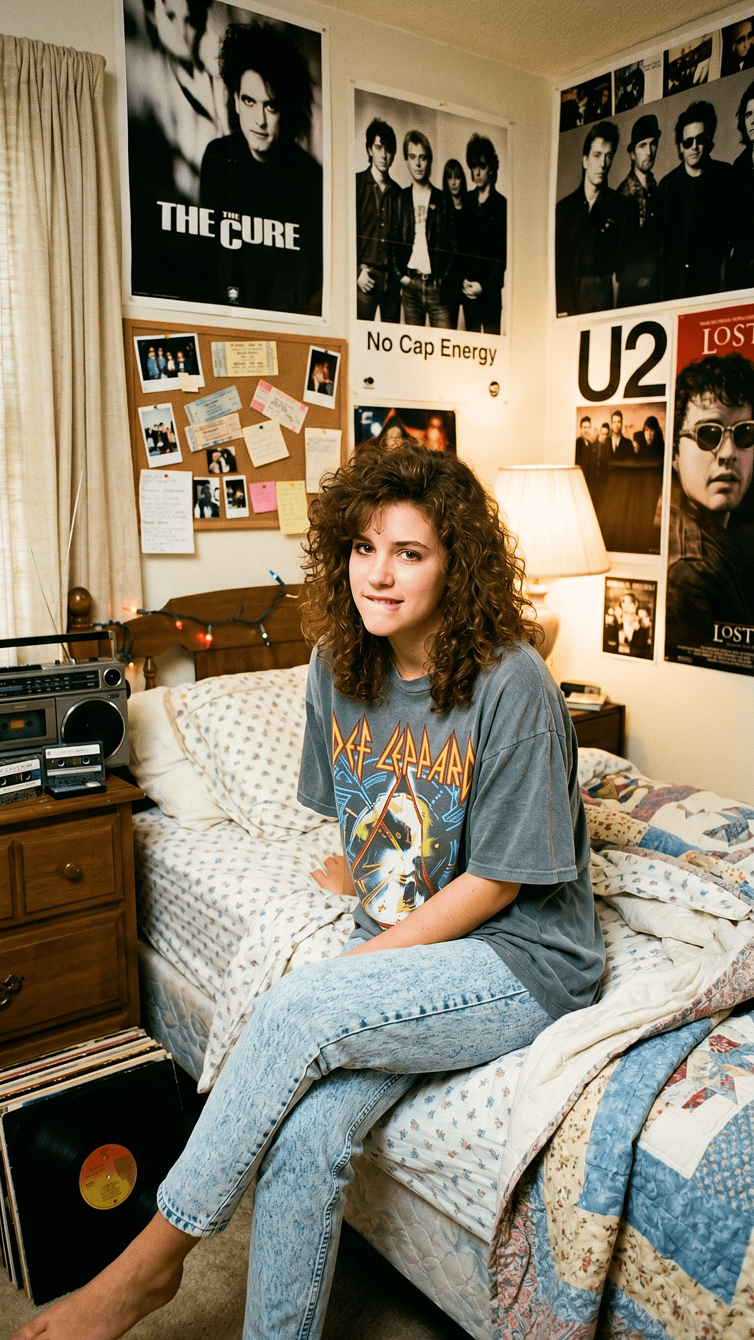 Girl In Band Tee Acid Wash Jeans On Floral Bed