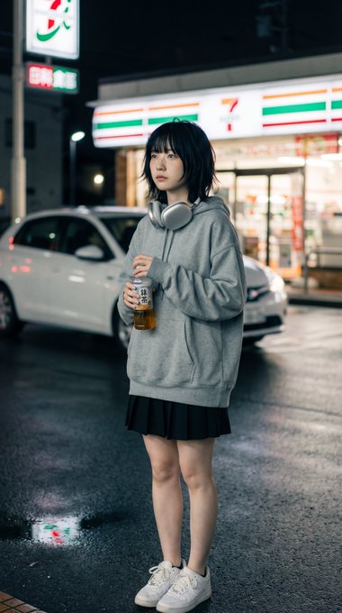 Night Street Portrait Young Woman Grey Hoodie Store