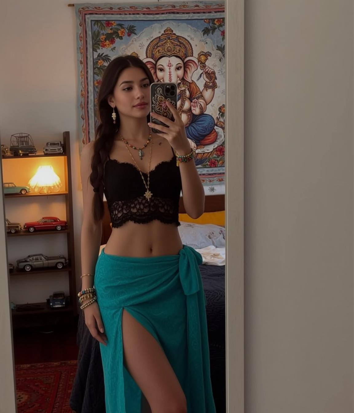 Bohemian Bedroom Mirror Selfie Teal Sarong reference photo