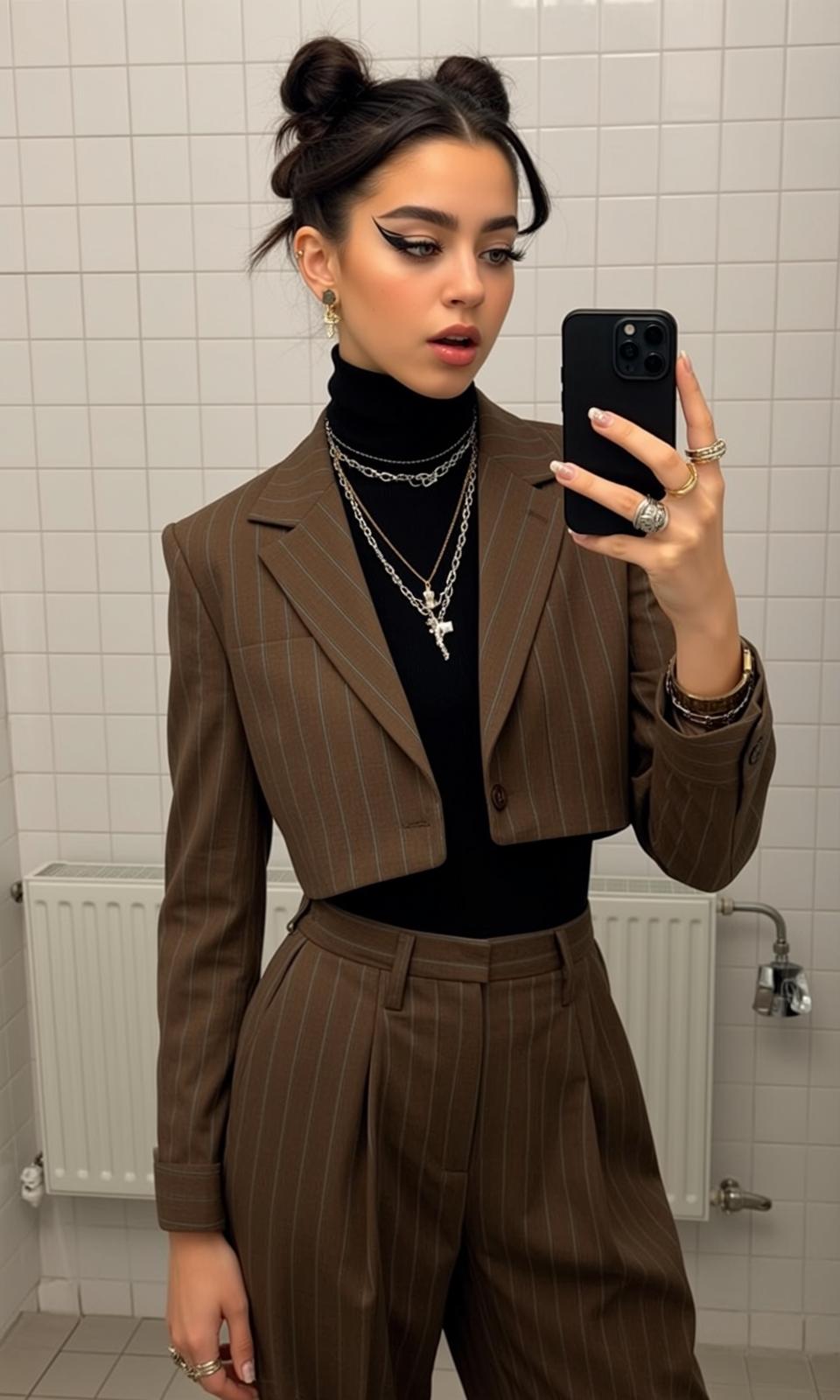 Black Turtleneck and Brown Pleated Pants Selfie on Bathroom reference photo