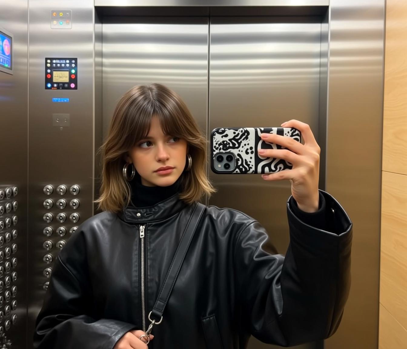 Explore Young Standing Elevator Holding Smartphone Her reference photo