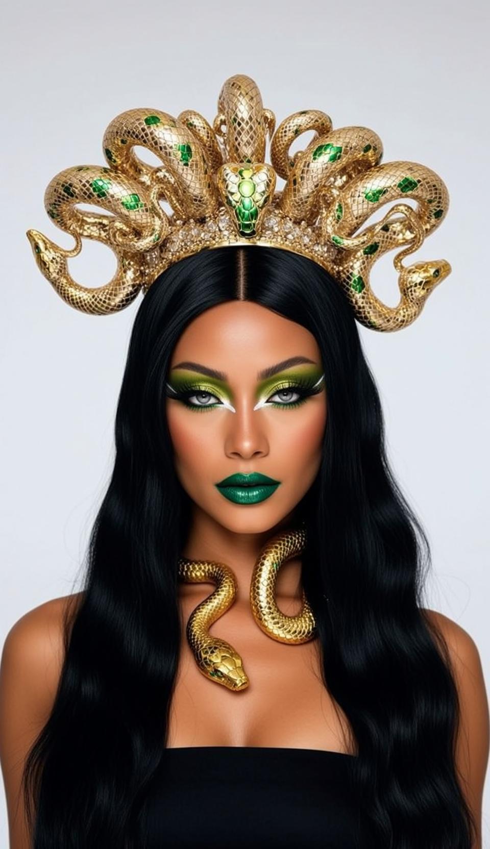 Halloween Makeup Long Black Wavy Hair Tan reference photo