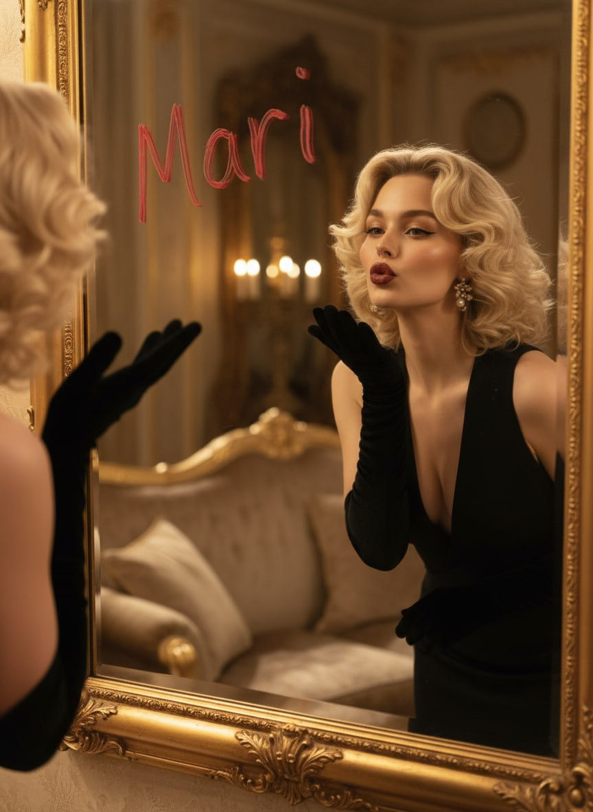 A woman in a black evening dress standing in front of a gilded mirror, blowing a kiss, captured in warm soft lighting.
