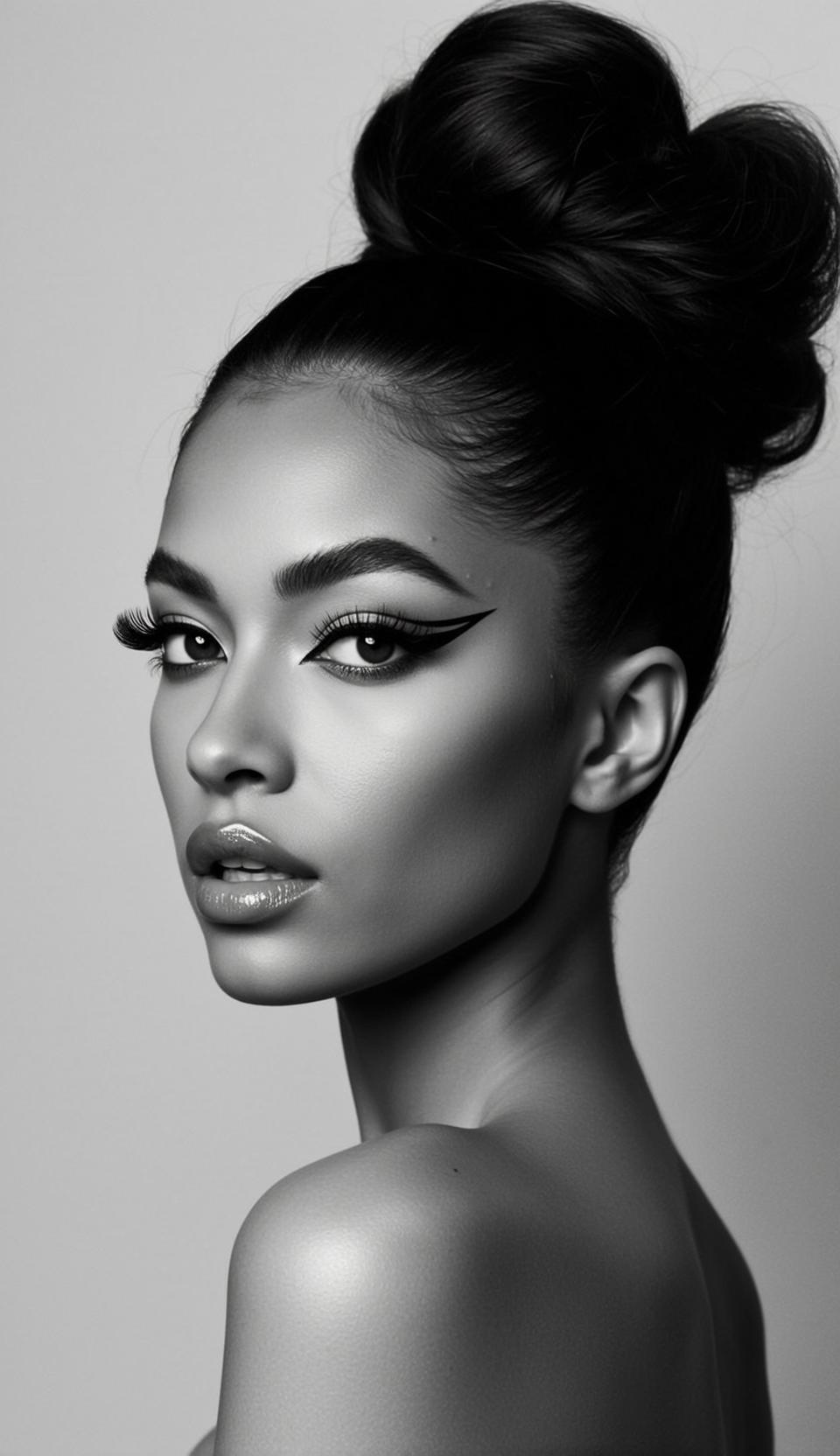 Photorealistic Portrait Young Woman With Dark Slicked-back Hair Styled Into reference photo
