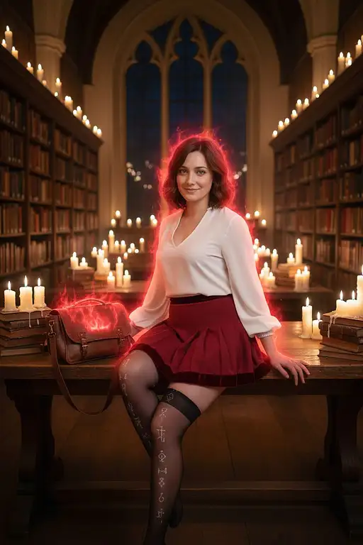 A woman with a crimson skirt and white blouse, surrounded by stacks of ancient books in a candlelit library.