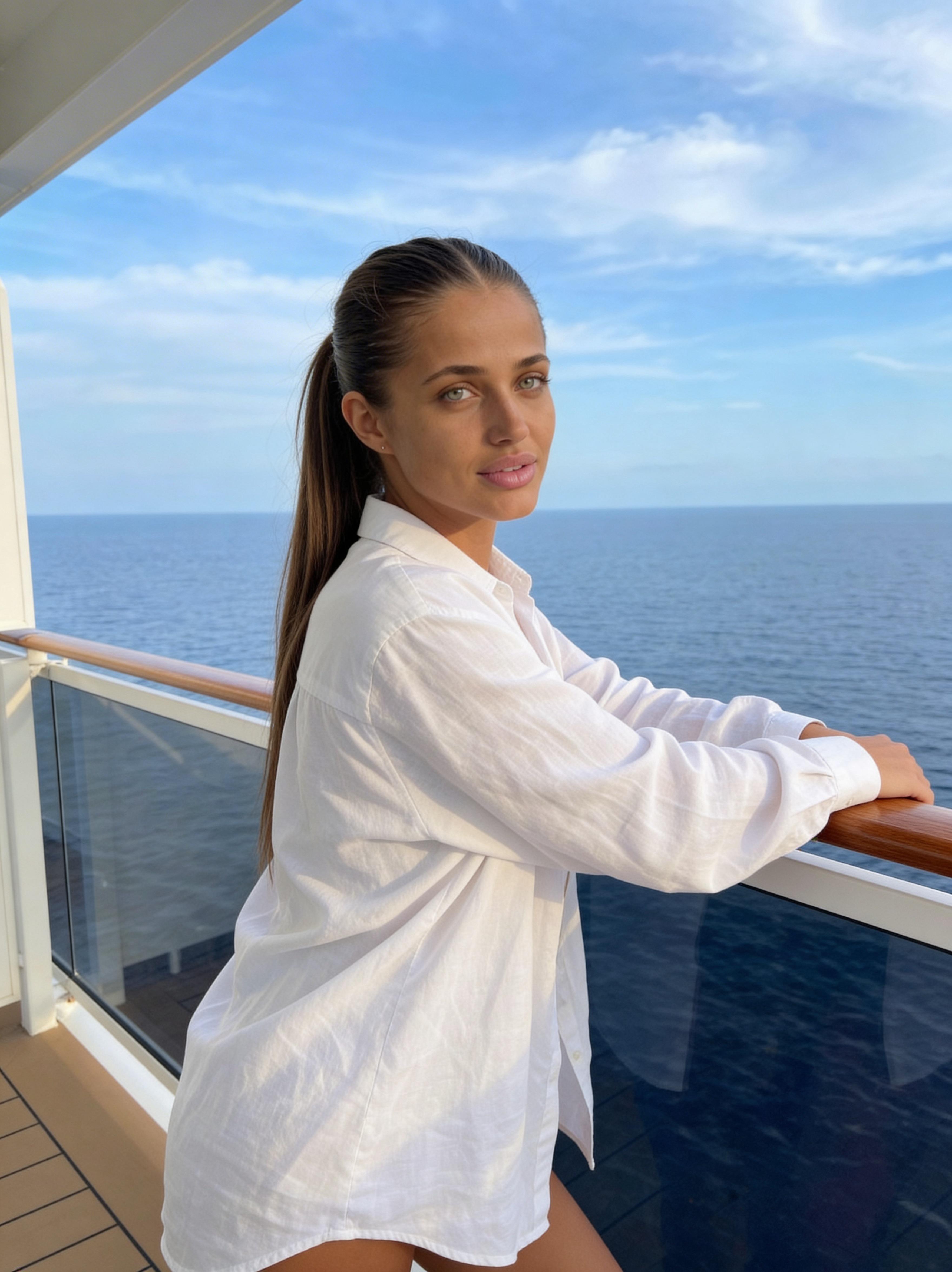 Woman Cruise Ship Balcony Calm Ocean Realistic