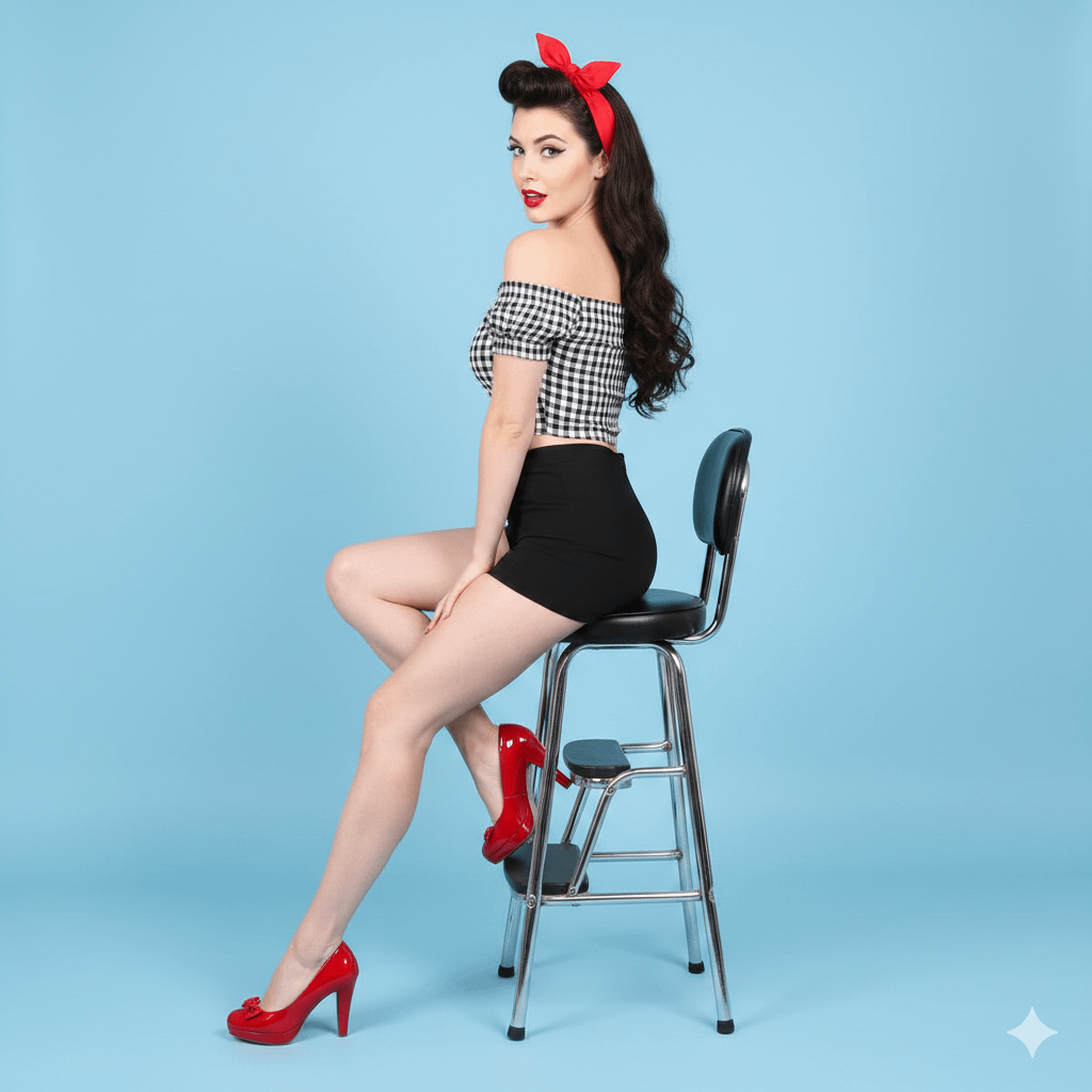 Pin Up Girl Rockabilly Pose Vintage Stool Blue Background