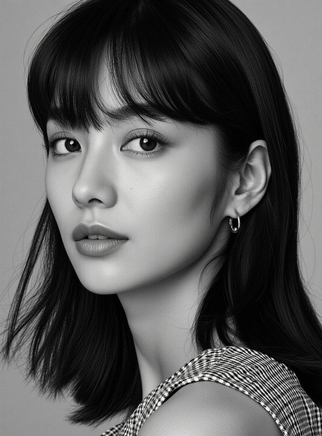 Monochrome Blunt Bangs Studio Portrait reference photo