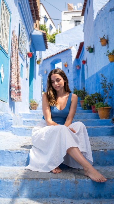 Blue Alley Woman White Skirt Stone Steps