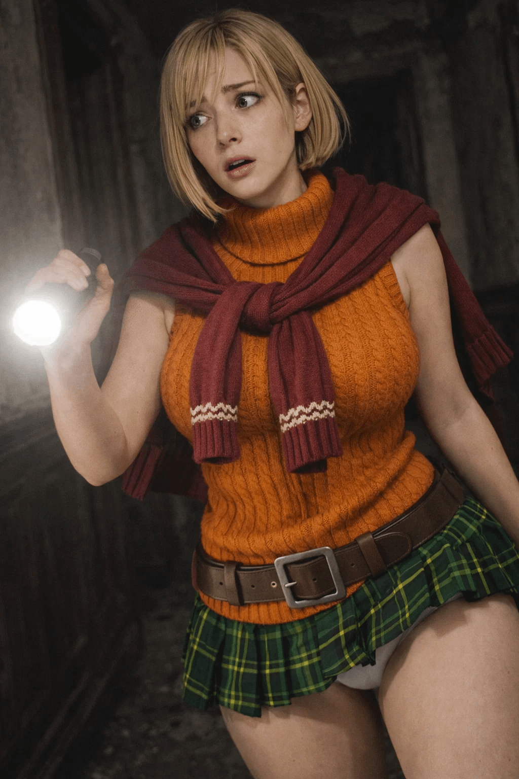 A woman in an orange sleeveless turtleneck and burgundy shawl, shining a flashlight in a dark, spooky mansion hallway.