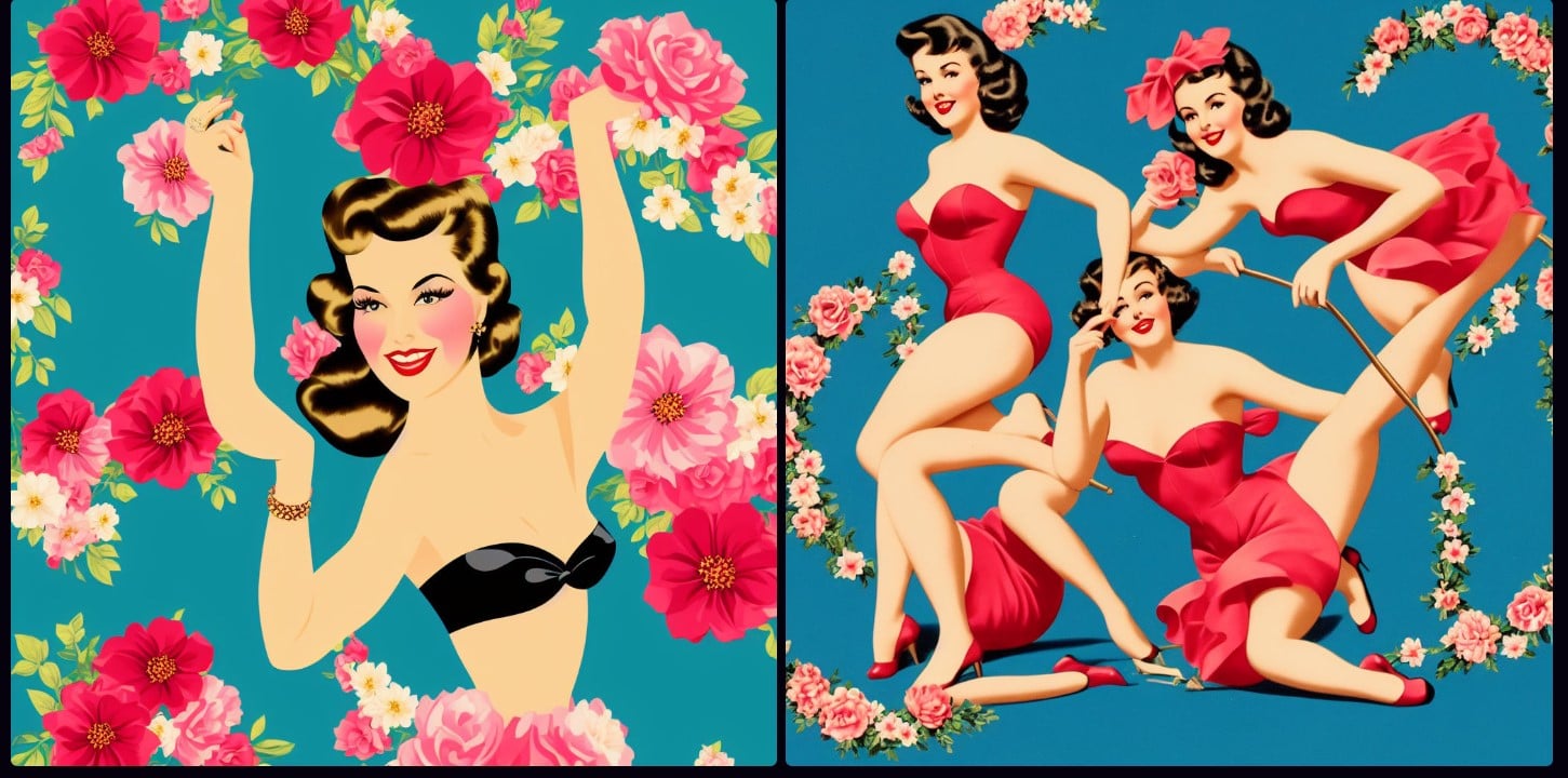 A vintage pin-up girl posing gracefully in a vibrant floral background, showcasing natural skin texture and sharp focus.