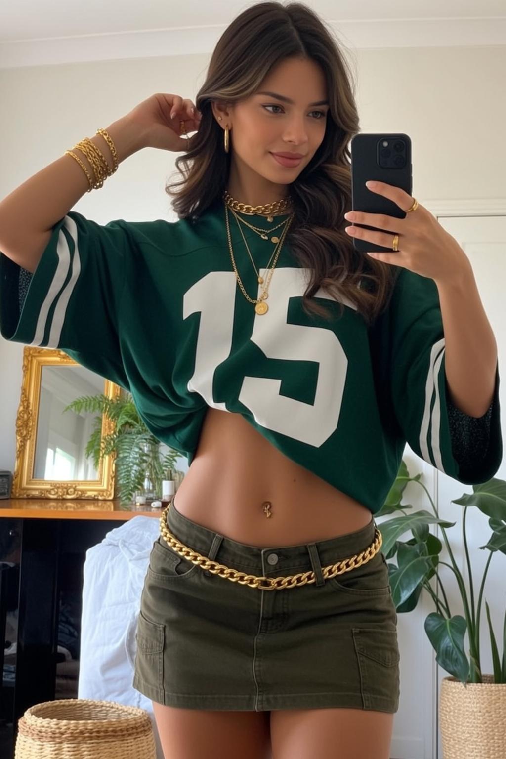 Green Jersey 15 and Cargo Mini Skirt Bedroom Selfie reference photo