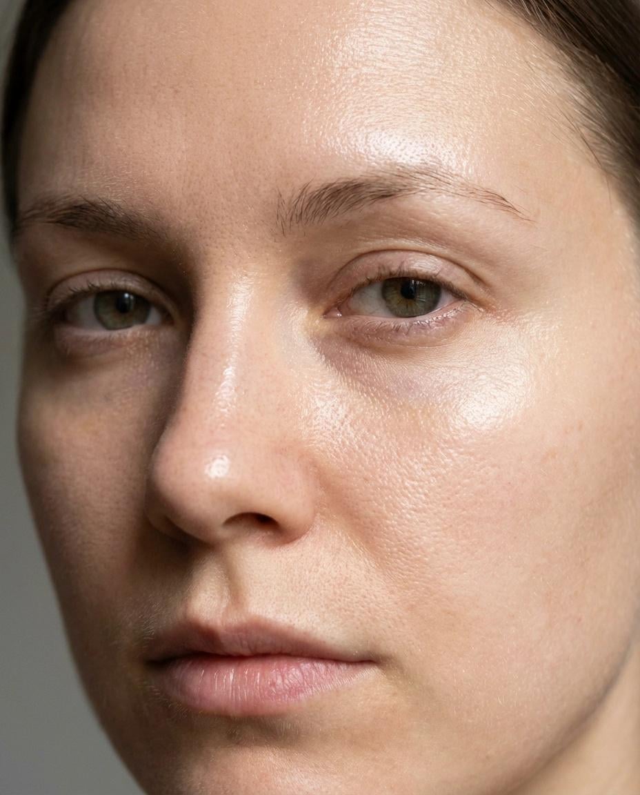 Close-up macro portrait of a woman with soft, diffused lighting highlighting facial features.