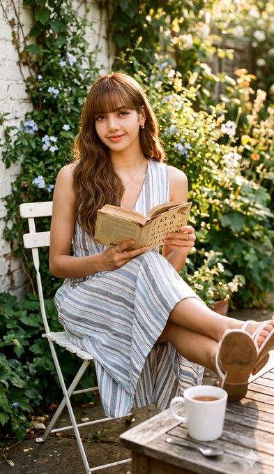 Sun Drenched Garden Woman Blue Grey Striped Dress