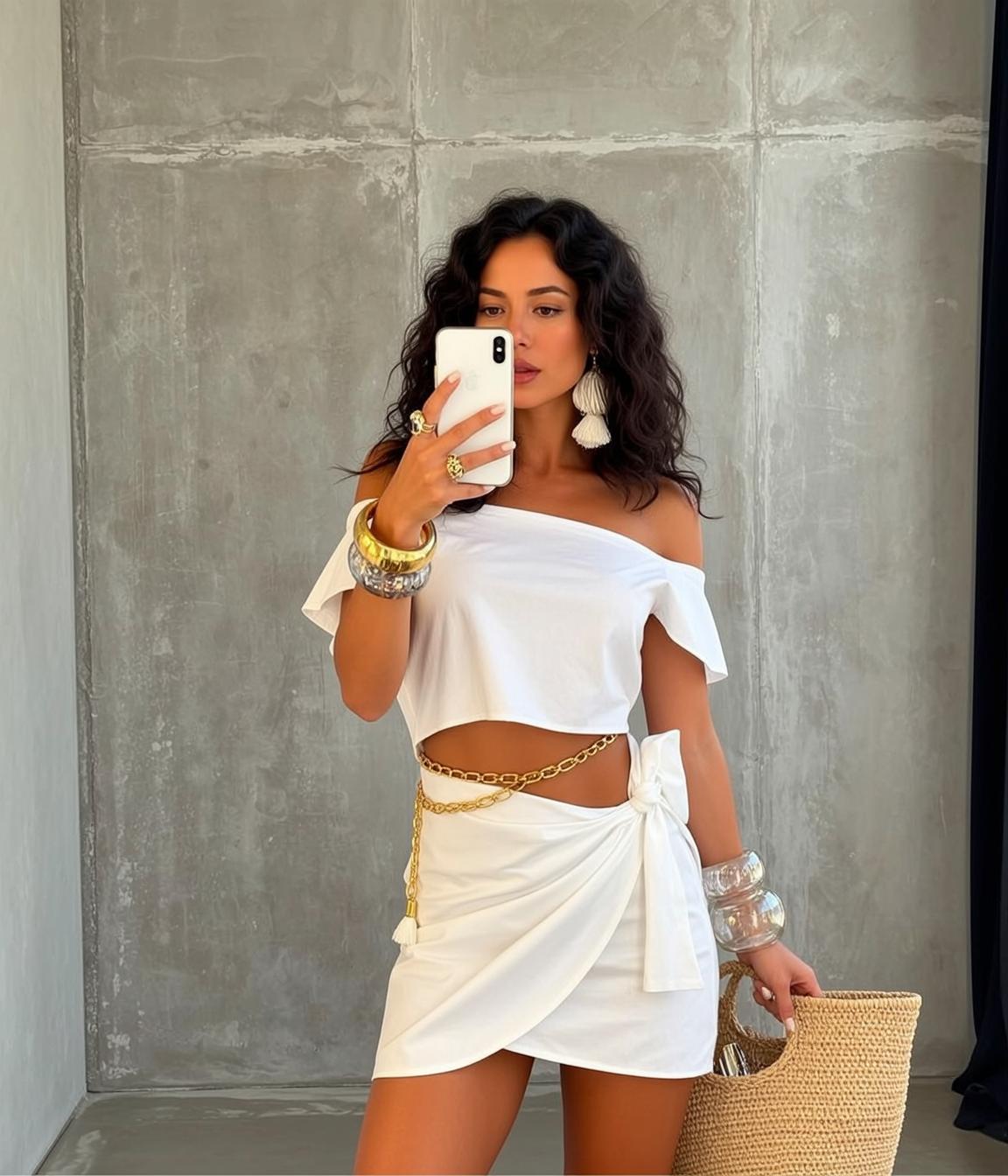 White Wrap Skirt Straw Tote reference photo