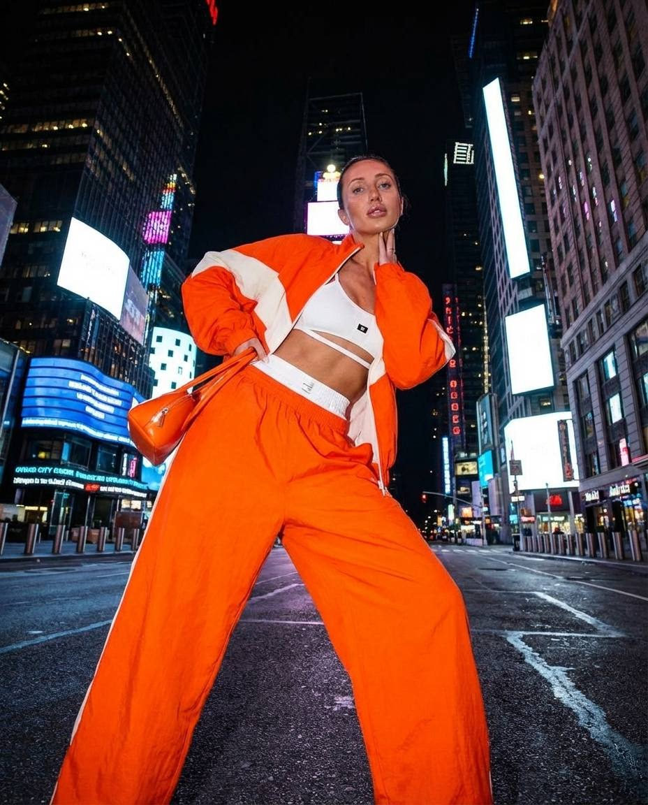Nyc Street Night Flash Model Pose Low Angle