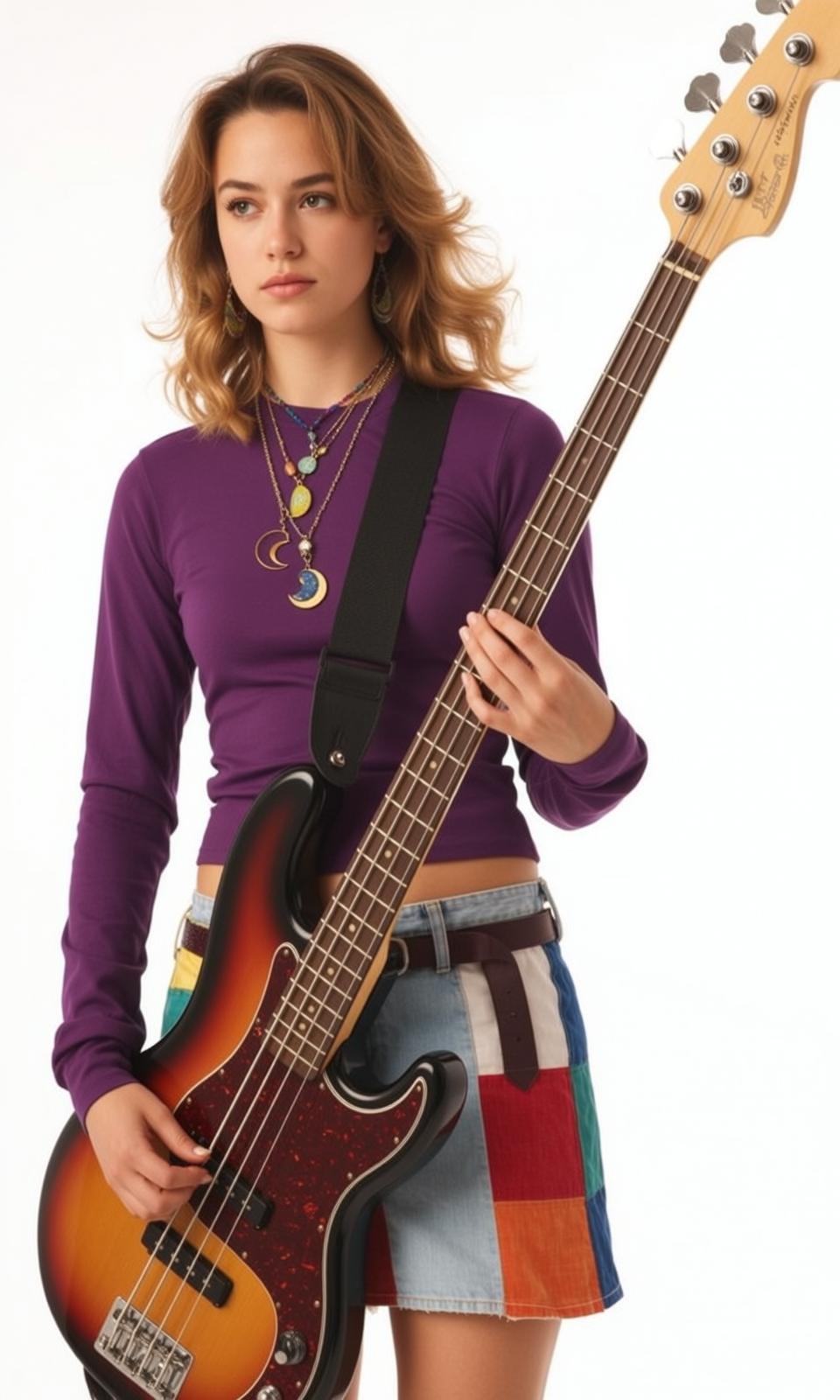 Blonde Woman Purple Crop Top Denim Skirt Studio reference photo