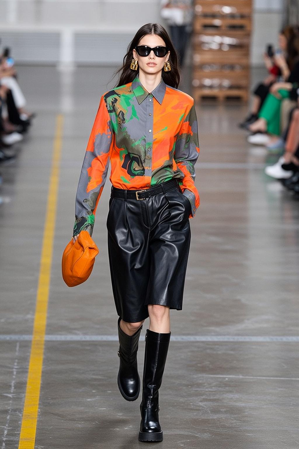 Walking Runway Orange Clutch Black Leather Shorts reference photo