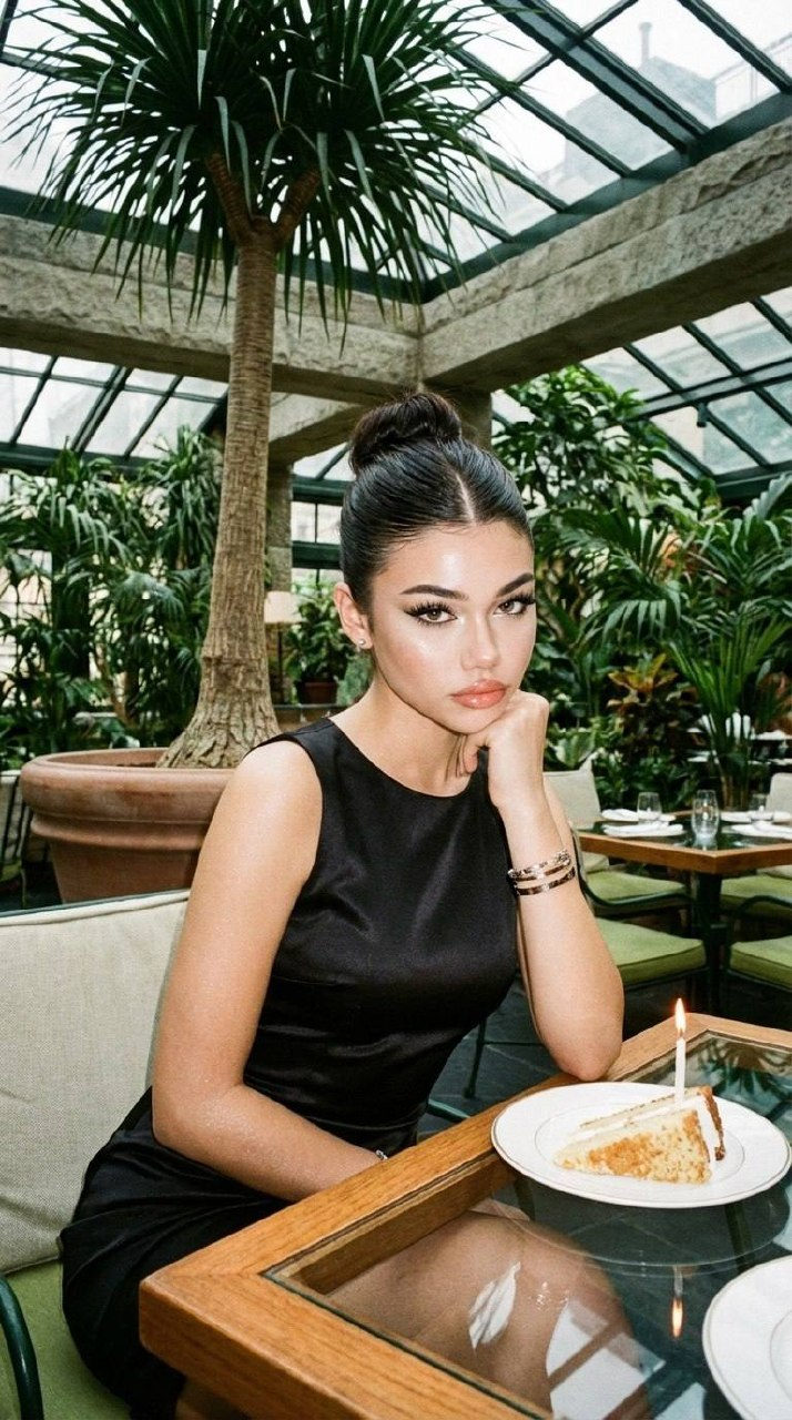 Chic Restaurant Girl Black Dress Cake Candle Cinematic