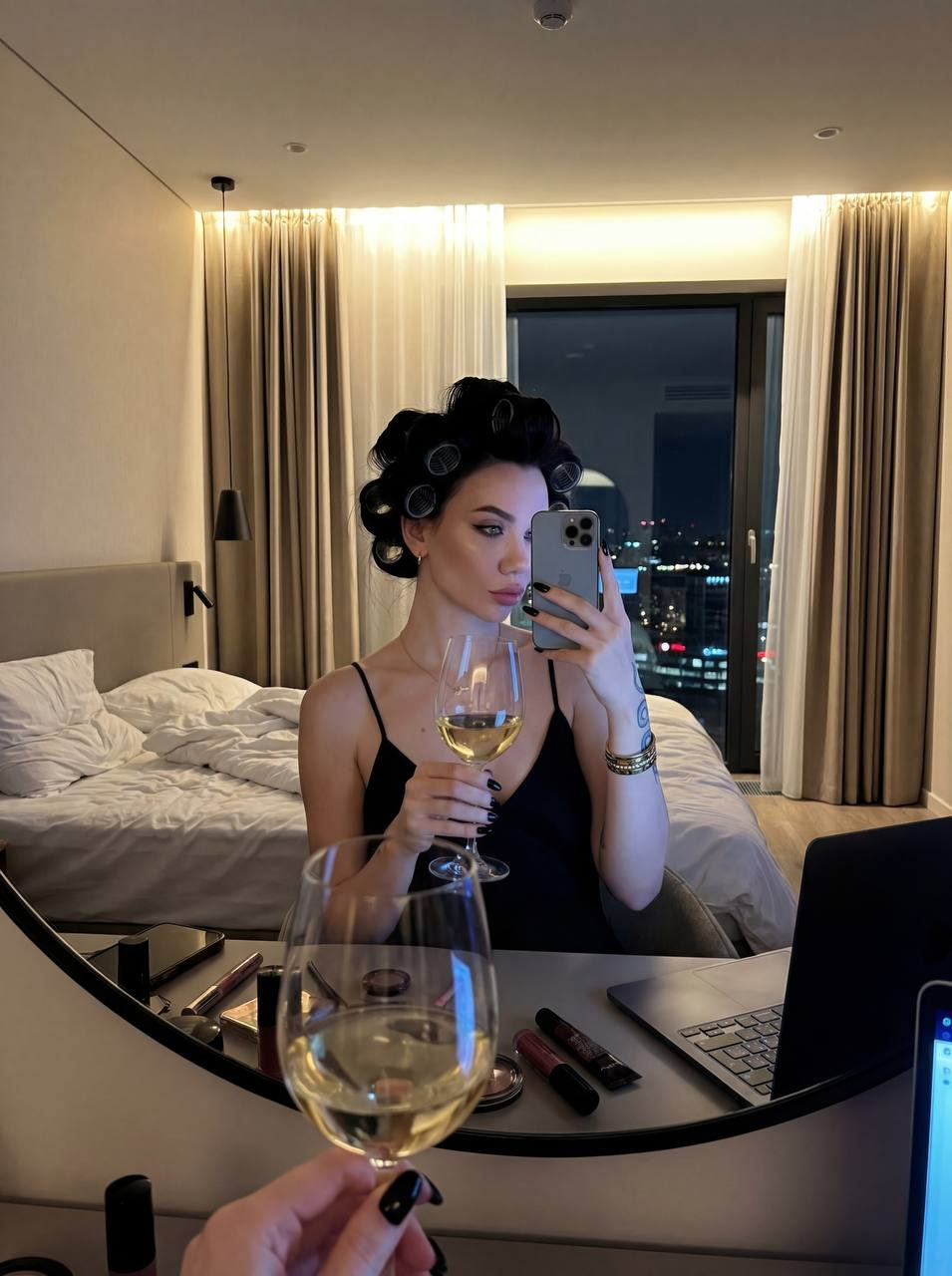 Woman Selfie Curlers Wine Night Room
