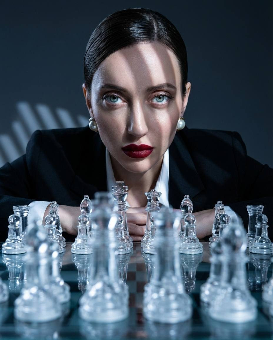 Realistic Cinematic Portrait Woman Chess Strategy