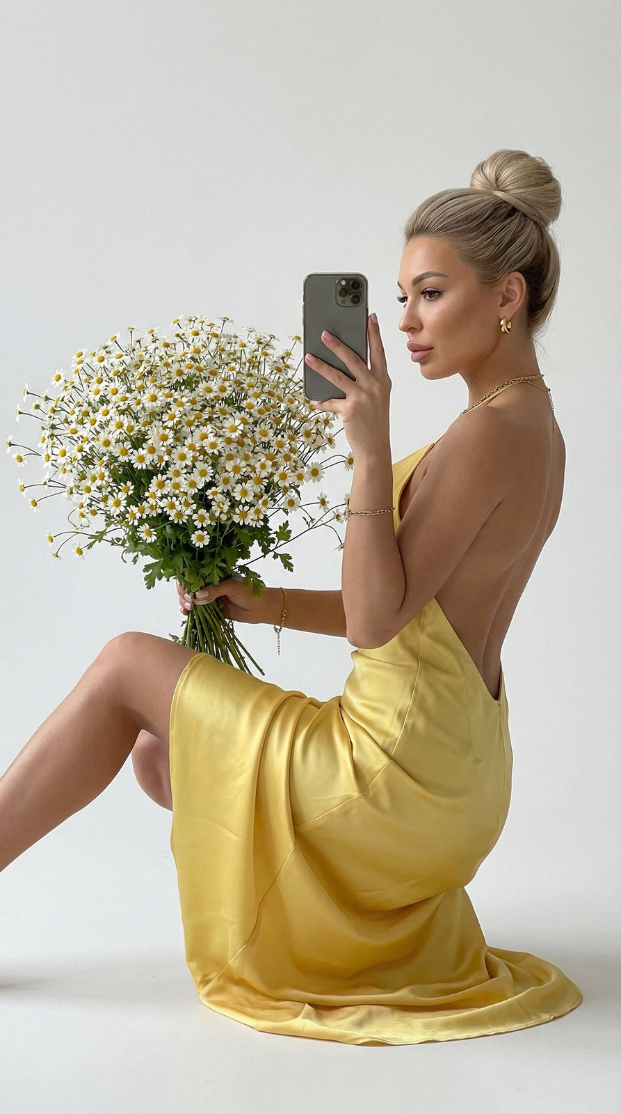 Realistic Woman Yellow Dress White Background