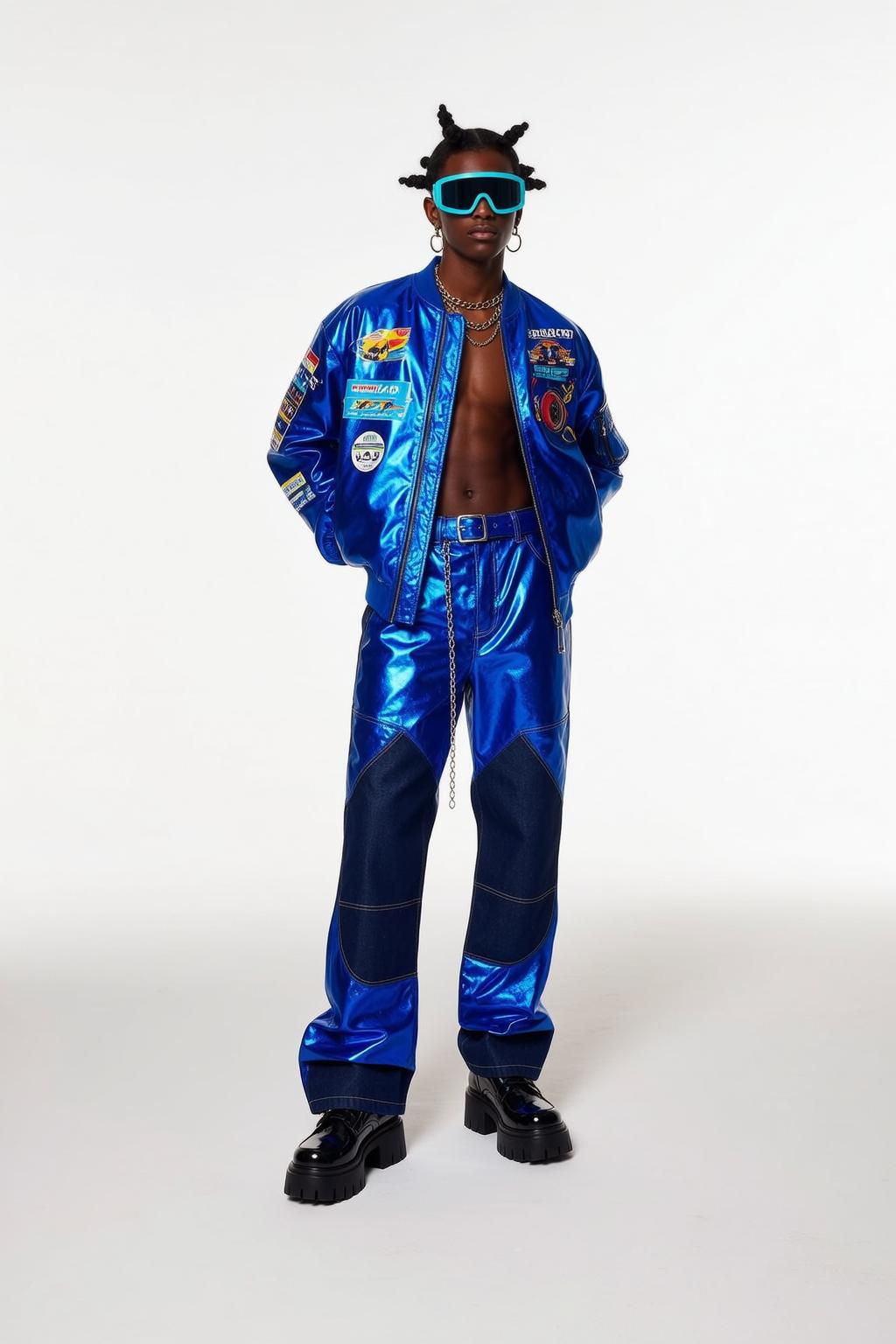 Black Man Blue Metallic Jacket Gold Chains Studio reference photo