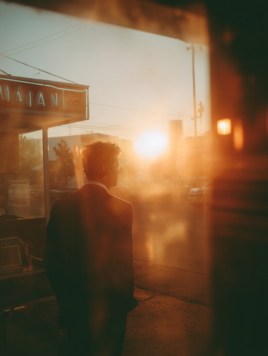 A cinematic scene depicting a person against a warped summer heat rising off a desert road, sharp subject focus with hazy background.