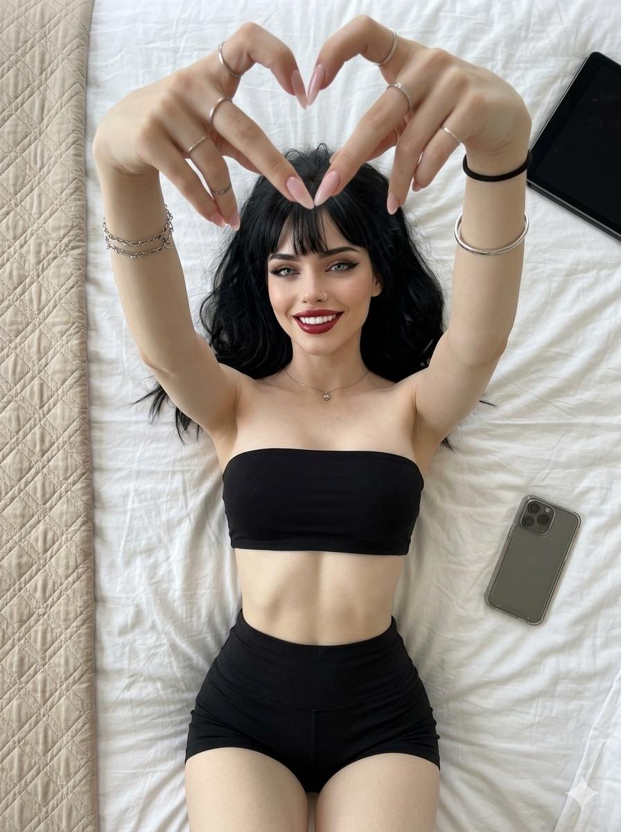 A fit woman lying on a white duvet with straight black hair, arms raised forming a heart shape, adorned with silver jewelry.