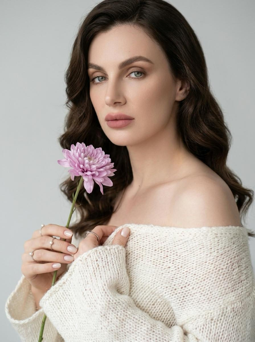 A woman in a voluminous ivory knit dress holds a delicate lilac flower, with minimal studio backdrop and soft lighting.