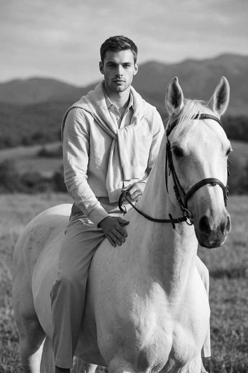 Man White Horse Black White Field