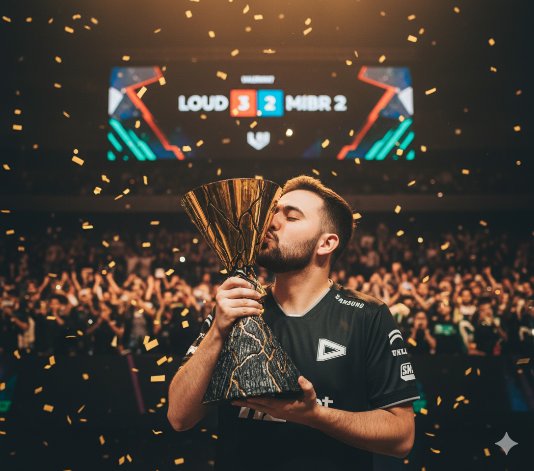 A Valorant player from LOUD, dressed in black and white jersey, kissing a golden and black trophy with confetti in the background.