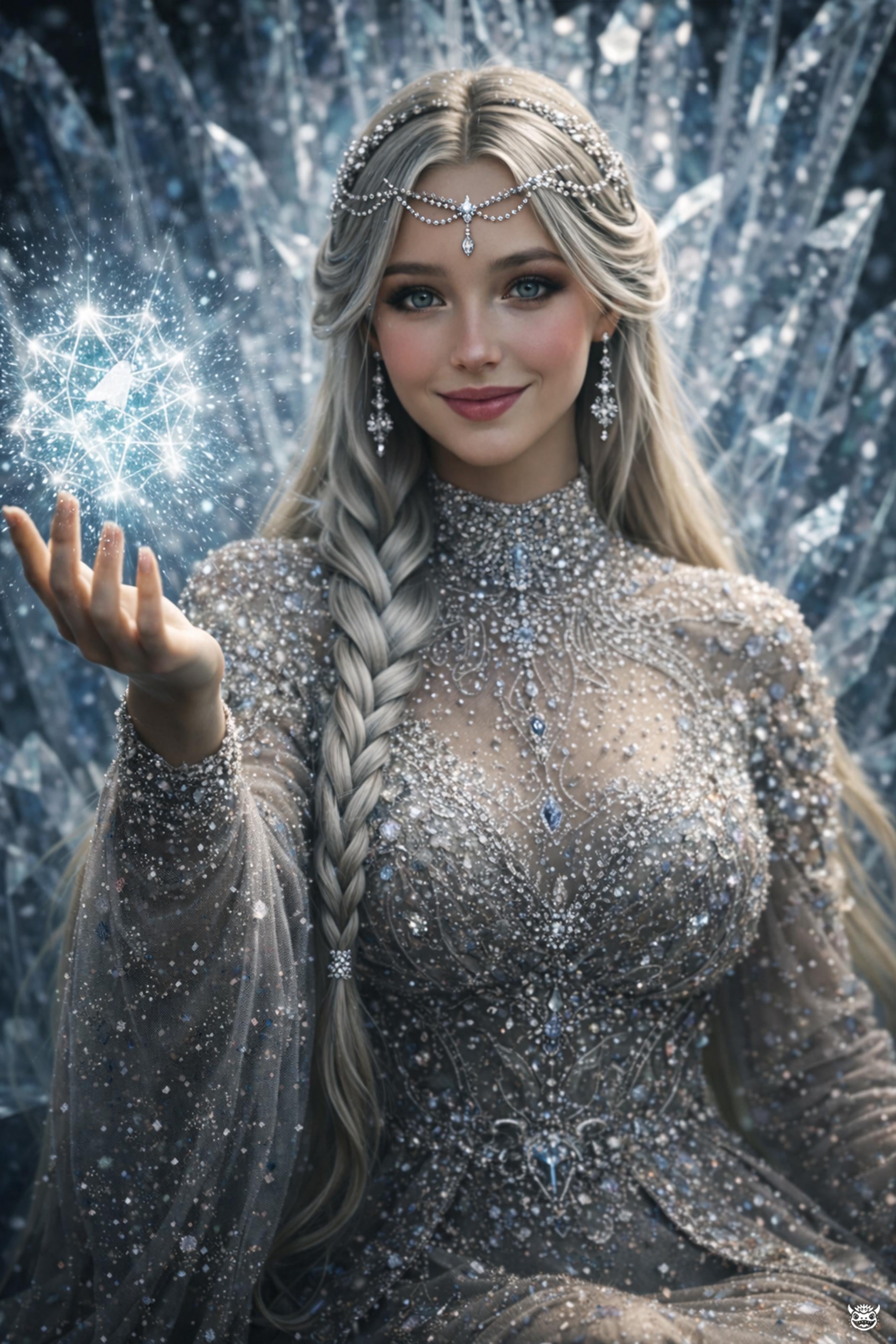 Braided Hair Tiara Crystal Gown Holding Light Orb